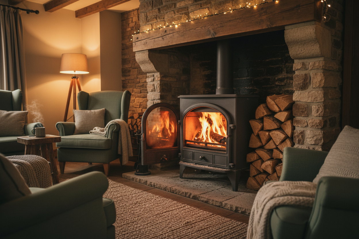Cosy fireplace stove with logs